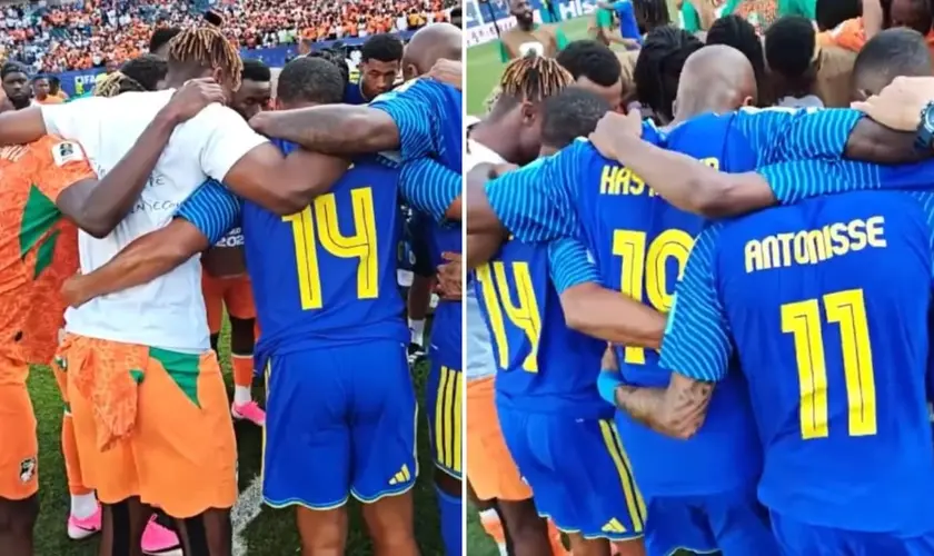 Jogadores do Curaçao e da Costa do Marfim deixaram a rivalidade de lado e se uniram em oração após a partida da Copa do Mundo. Foto: Reprodução/X/Actu Foot